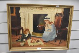 After Charles Haigh-Wood (1856-1927, British), oil on board, 'Nursing a Treasured Pet', a naive