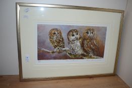 20th Century British School, coloured print, 'Tawny Owls', signed to the lower right, limited