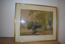 Florence R. Walker (20th Century), watercolour, 'Sawley Village Orchard' - Trees beside a garden
