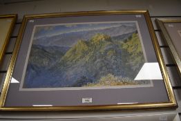 20th Century, watercolour, A Continental landscape depicting a viewpoint over tree covered hills and