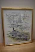 After Alan Goodburn (20th Century), coloured print, A battleship illustration depicting 8th