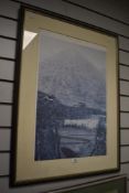 20th Century, coloured print, Sheep within enclosure before a mountainous backdrop, framed, mounted,