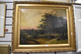 19th Century School, oil on canvas, A traditional pastoral landscape depicting a man resting on a