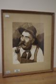 20th Century School, watercolour, A shoulder length portrait of a Bavarian man smoking a pipe,
