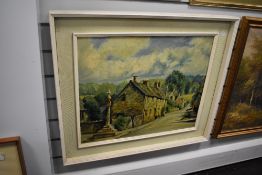 Amy Creer (20th Century), oil on board, A village scene with memorial to the foreground, signed to