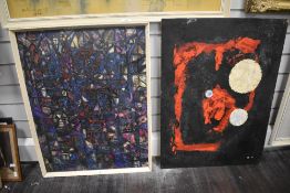 20th Century School, oil on board, A multi-coloured abstract design in dark hues, framed,