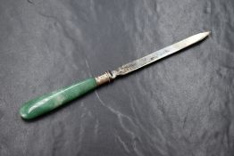 A George III silver and aventurine quartz letter opener, the blunt silver blade with pointed end