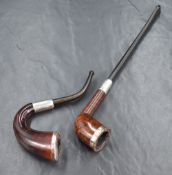 Two early 20th century silver mounted wooden tobacco smoking pipes, marks for Dublin and Chester,