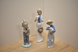 Two Spanish Rex porcelain figurines of a gilt with bird and girl with lamb, sold along with a Nao