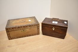 A 19th century boxwood strung rosewood tea caddy, of sarcophagus form with hinged cover, 13cm x 19cm