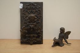 A decorative cast-metal door knocker, with large rectangular back plate 22cm, sold along with a