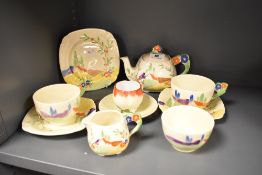 A Grindley Art Deco part tea set, comprising tea pot, two tea cups and saucers, sugar, cream and