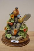 A Border Fine Arts bird group 'After The Rain' SOC5 with moulded circular mahogany plinth, label