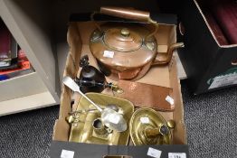 A 19th Century copper fireside kettle, measuring 25cm high, a Victorian copper crumb tray with