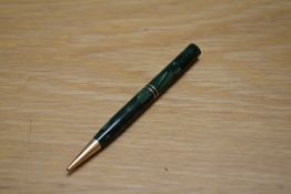 A Mabie Todd & Co Fyne Point propelling pencil in green swirl with two narrow bands