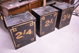 Three antique toleware tea chests