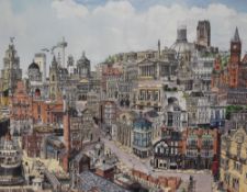 After Martin Stuart Moore (b.1946, British), coloured print, 'Memories of Liverpool', an eye