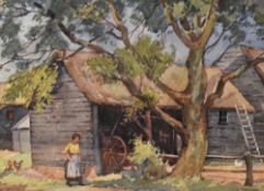 John Harold Blakeley (1887-1978, British), watercolour, A farm worker beside a barn, signed to the