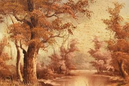 Irene Cafieri (20th Century), oil on board, An autumnal, idyllic woodland landscape with river,