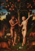After Albrecht Durer (1471-1528, German), coloured print, 'Adam and Eve', framed, mounted, and under