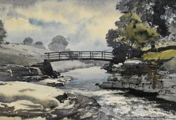 Sam Chadwick (1902-1992, British), watercolours, Two illustrations depicting a bridge over a river