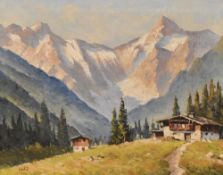 Lobis (19th/20th Century Continental School), oil on board, An alpine landscape with huts to the