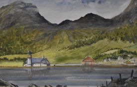20th Century School, watercolour, A mountainous landscape with lighthouse to the middle ground,
