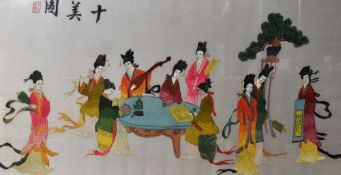 20th Century Chinese School, silk embroidery, Geisha women gathered around a table, framed and under