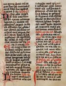 A 14th Century illuminated Breviary leaf, framed, mounted, and under glass, measuring 11cm x 15cm, &