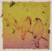 S.J.M. Mitchell (Contemporary, British), mixed media, Three birds on a branch, signed in pencil to