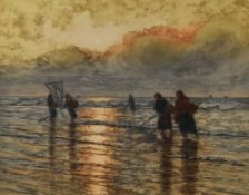 Ferdinand Jean Luigini (1870-1943, French), aquatint, A shrimping coastal scene, signed to the lower