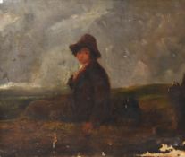19th Century Scottish School, oil on canvas, A young boy sitting before a moody coastal landscape,