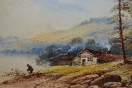 19th Century School, watercolours, Two idyllic landscapes with lakes, mountains, and fishing