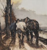 Ferdinand Jean Luigini (1870-1943, French), aquatint, Workhorses in winter, signed to the lower