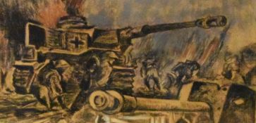 20th Century School, chalk/pastel, An illustration of war depicting an army tank, framed, mounted,