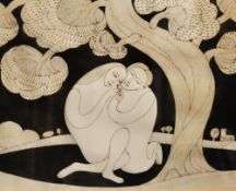 20th Century School, pen and ink, A surrealist composition depicting two embracing women, framed,