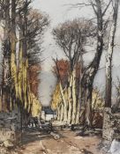 Ferdinand Jean Luigini (1870-1943, French), aquatint, A tree lined avenue with work horses and cart,