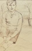 20th Century School, pen sketch, A 1930s portrait of a boy sitting by a chair, framed and under