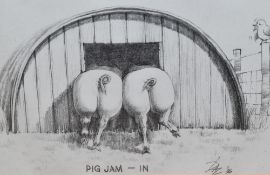20th Century, sketches/prints, Ten cartoon illustrations of pigs, framed, mounted, and under