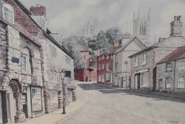 After R.G. Barton (20th Century, British), coloured print, 'Steep Hill, Lincoln', framed, mounted,