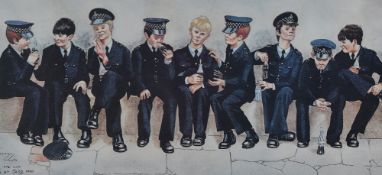 After John Richard 'Jedd' Edwards (20th Century, British), coloured print, 'Nine Half-Pints of the