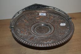 A silver plated fruit basket, of circular form with swing over-handle and short flared circular