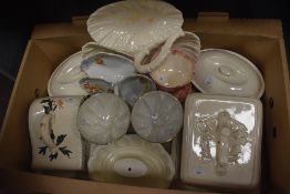 Two vintage cheese dishes and covers, two small Royal Winton serving dishes and three lustre dessert