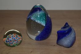 Three paperweights including a small Mille Fiori style.