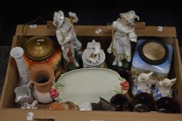 A vintage biscuit barrel, two porcelain figurines, a hunter and a milk maid AF, a Royal Winton '