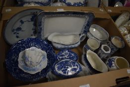 Two cartons of assorted bue and white ware including tureens, plates and jugs etc.