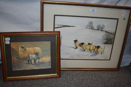 20th Century School, watercolour, A winter scene with four Suffolk lambs, framed, mounted, and under