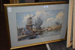 20th Century French School watercolour, A Dutch canal landscape with windmill, signed 'F. le