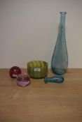 A 20th Century yellow studio art glass bowl with blue striped design, measuring 9cm high, together