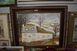 A 20th Century School watercolour depicting a cottage in a winter fell landscape, framed and under